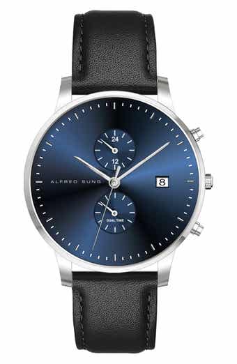 Alfred Sung Dual Time Leather Strap Watch, 42mm