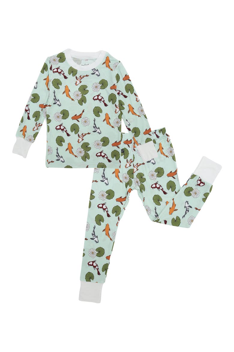 Koi Pond Print Fitted Two-Piece Pajamas, Main, color, GREEN