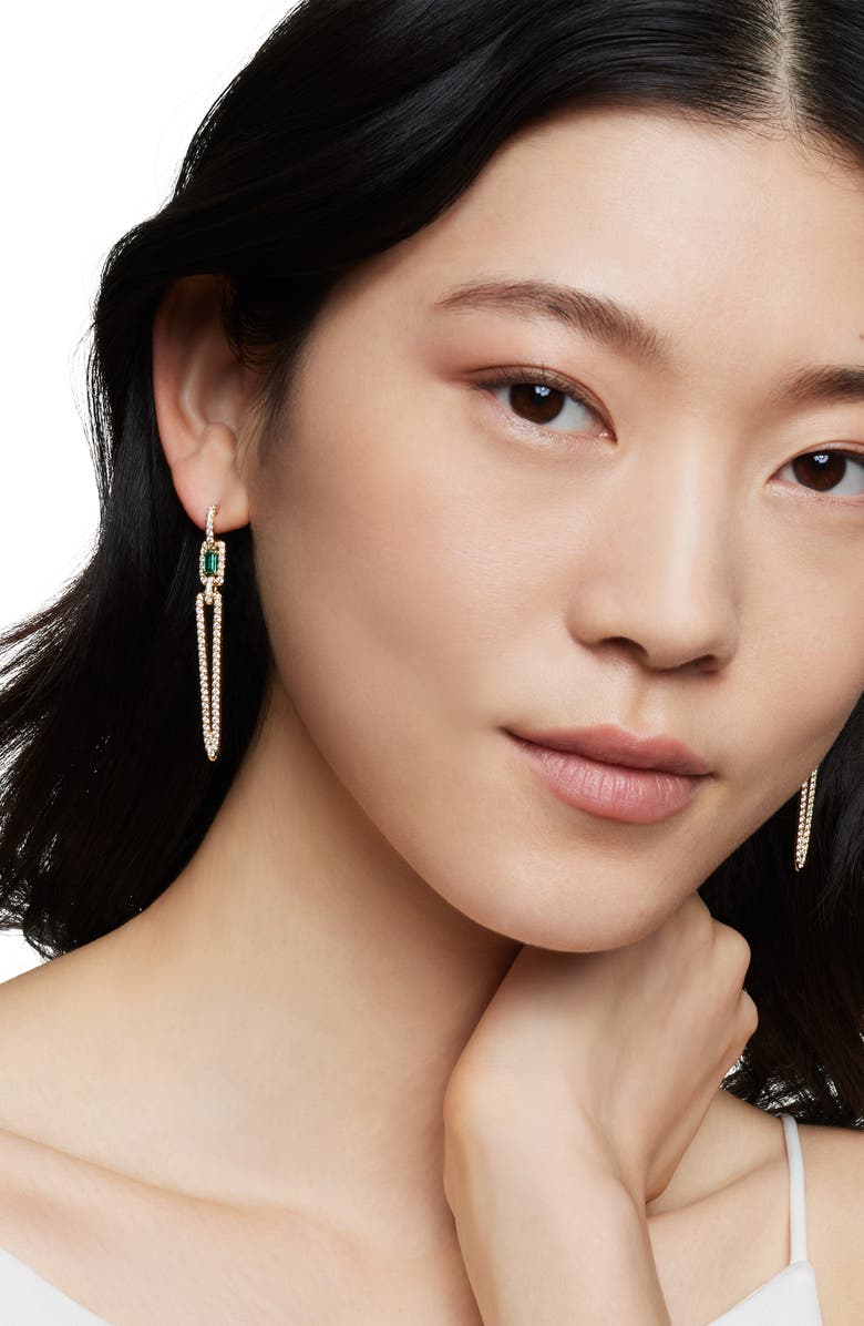David Yurman Stax Elongated Drop Earrings in 18K Yellow Gold with Pavé Diamonds and Emerald, Alternate, color,