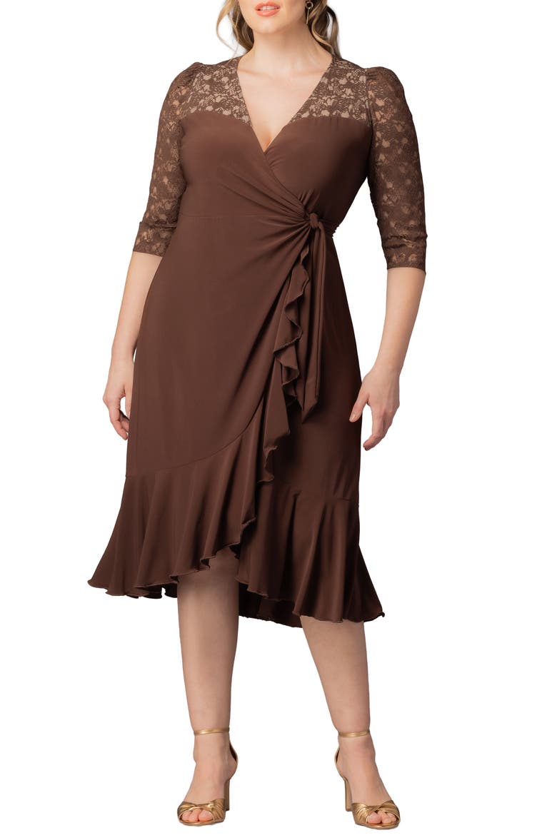 Lavish Lace Midi Wrap Dress, Main, color, CHOCOLATE