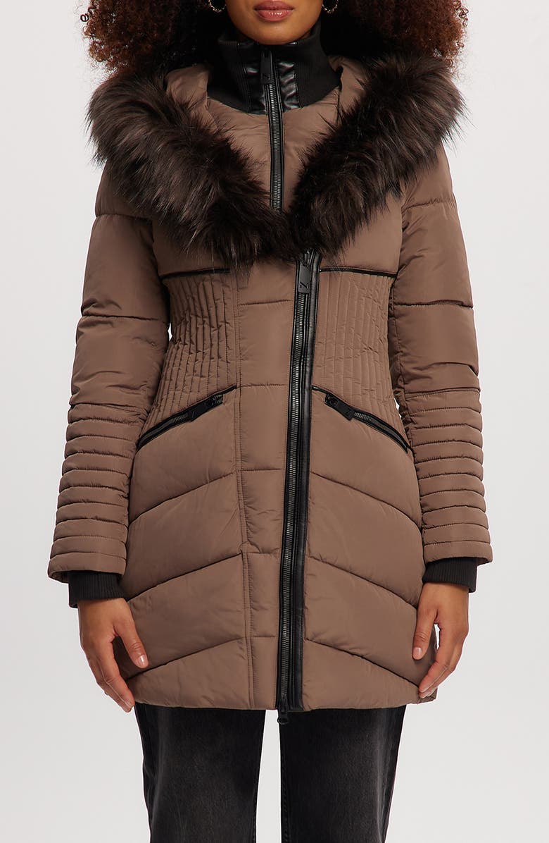 Noize Gigi Vegan Faux Fur Trim Quilted Parka, Main, color, Mocha