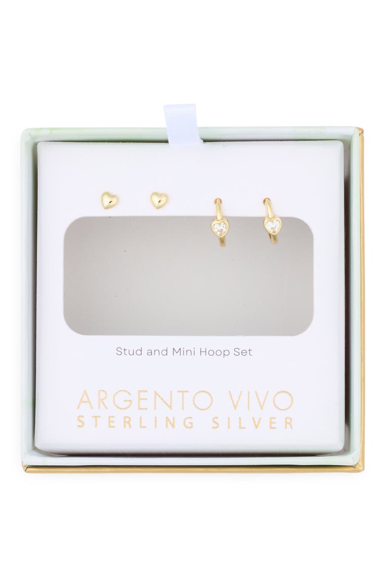 Set of 2 Heart Stud & Cubic Zirconia Heart Huggie Hoop Earrings, Main, color, GOLD