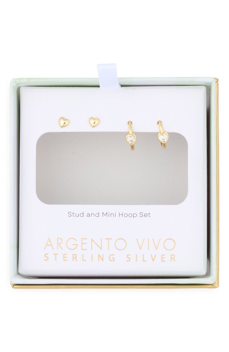 ARGENTO VIVO Set of 2 Heart Stud & Cubic Zirconia Heart Huggie Hoop Earrings, Main, color, Gold
