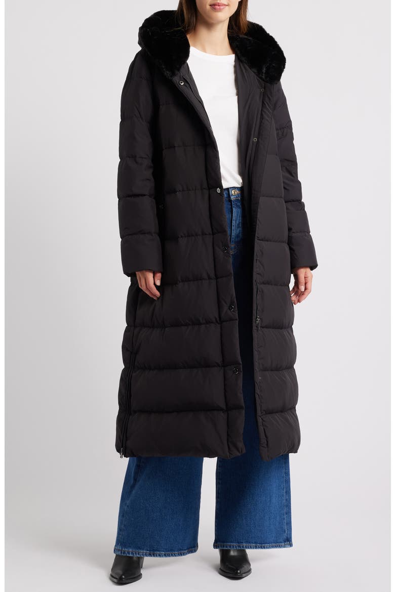 Longline Puffer Coat with Faux Fur Lined Hood, Alternate, color, BLACK