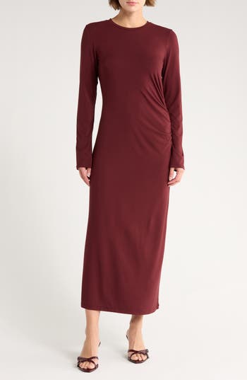 Vince Long Sleeve Ruched Dress In Brown