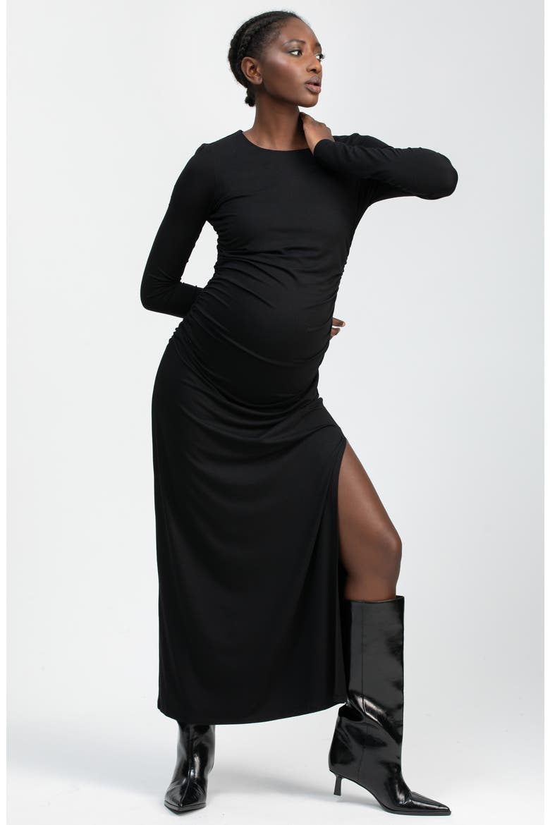 Daphne Ruched Long Sleeve Jersey Body-Con Maternity Dress, Alternate, color, BLACK