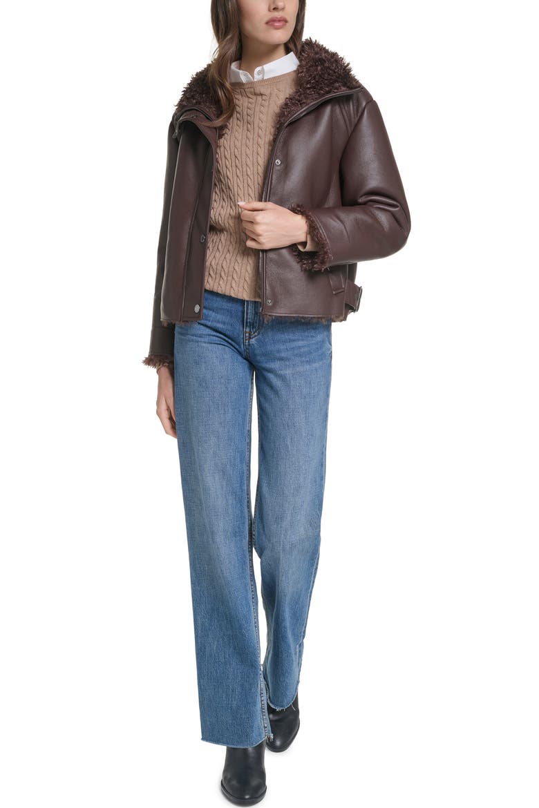 Faux Leather Cropped Jacket with Faux Shearling Lining, Alternate, color, BROWN
