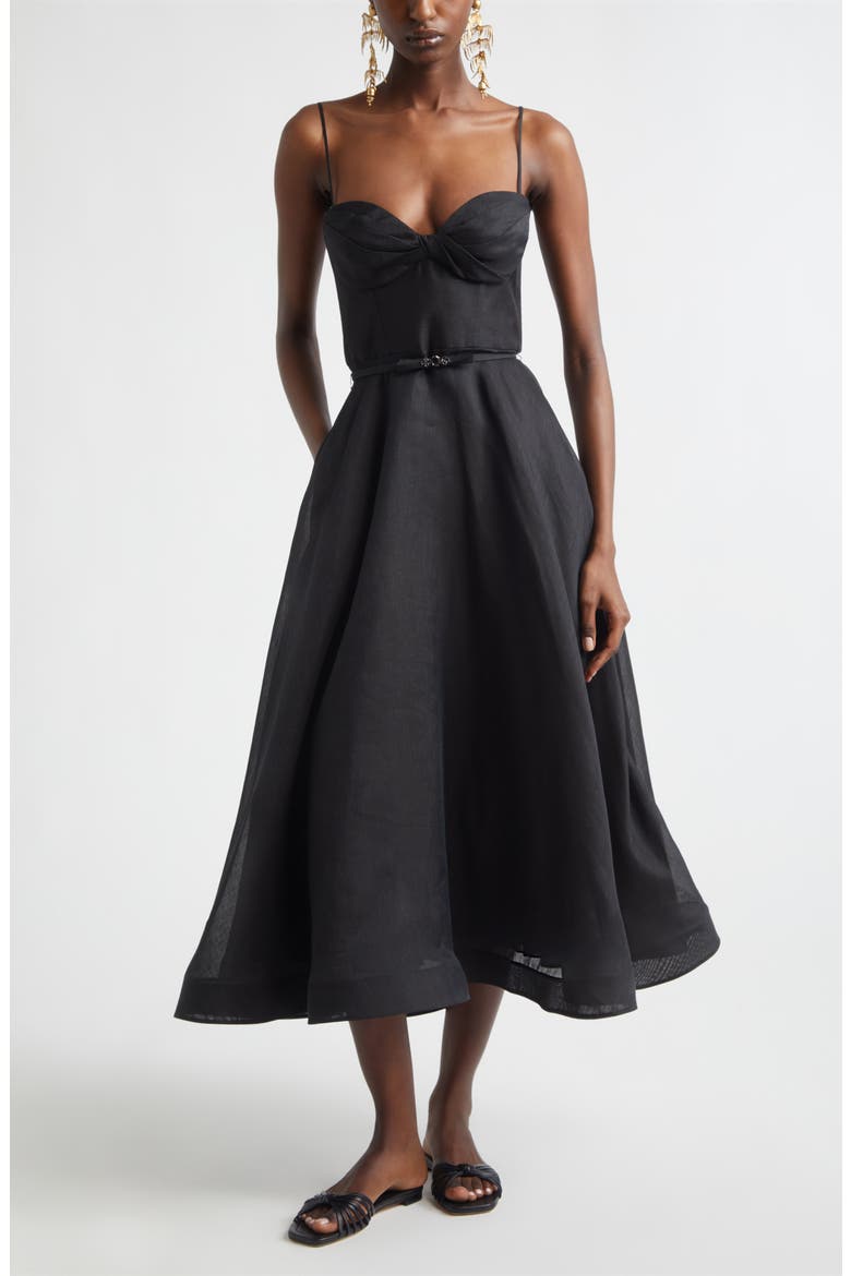 Kindred Spirit Luna Structured Linen & Silk Midi Cocktail Dress, Main, color, BLACK