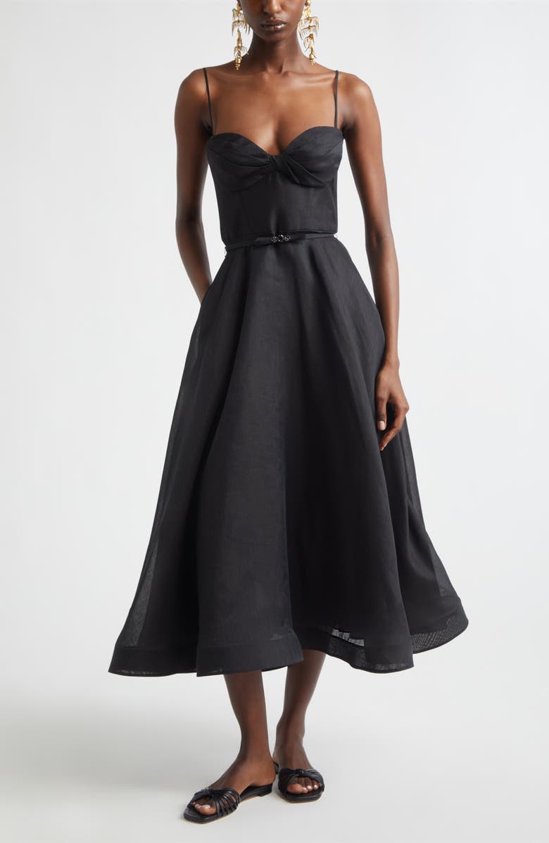 Zimmermann Kindred Spirit Luna Structured Linen & Silk Midi Cocktail Dress, Main, color, Black