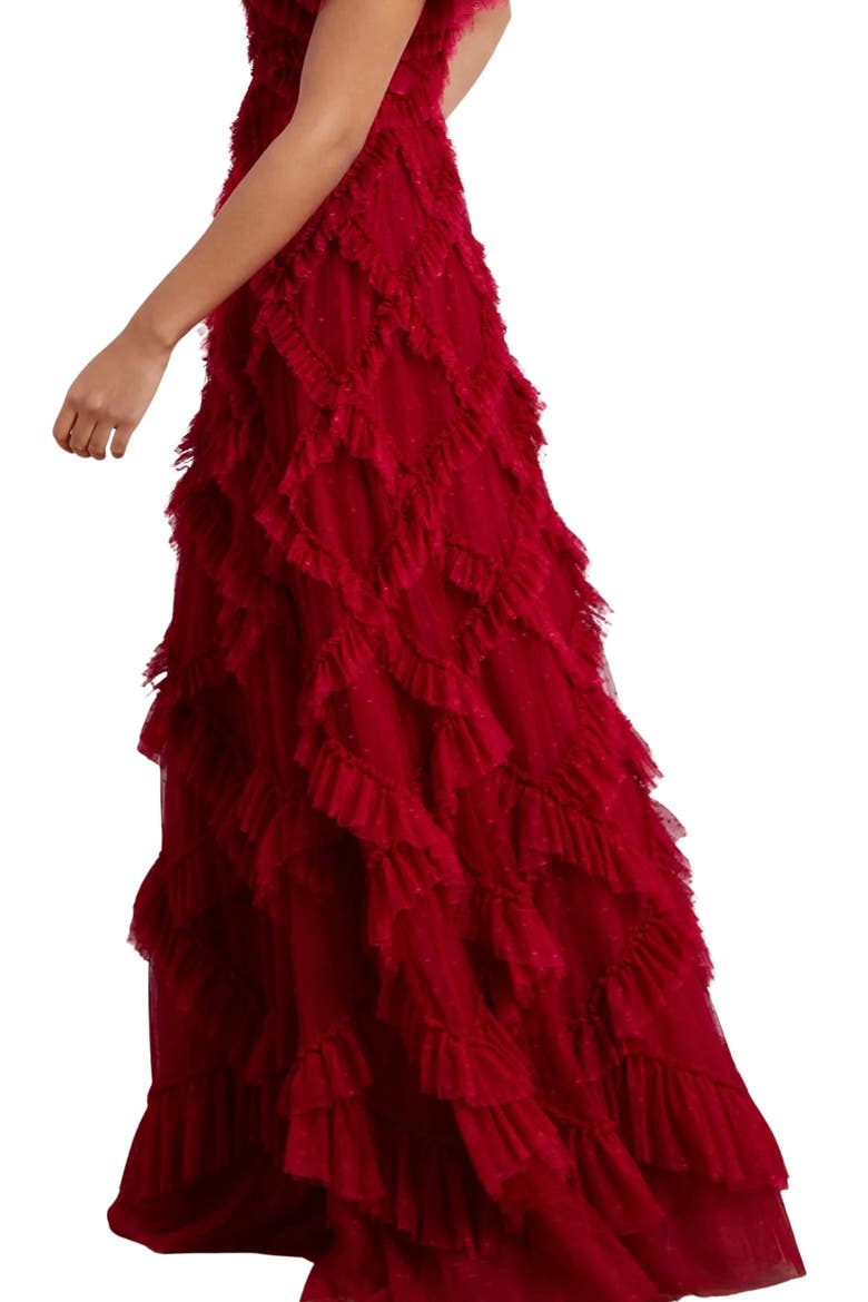 Genevieve Ruffle Short Sleeve Maxi Gown, Alternate, color, Deep Red/Fuchsia