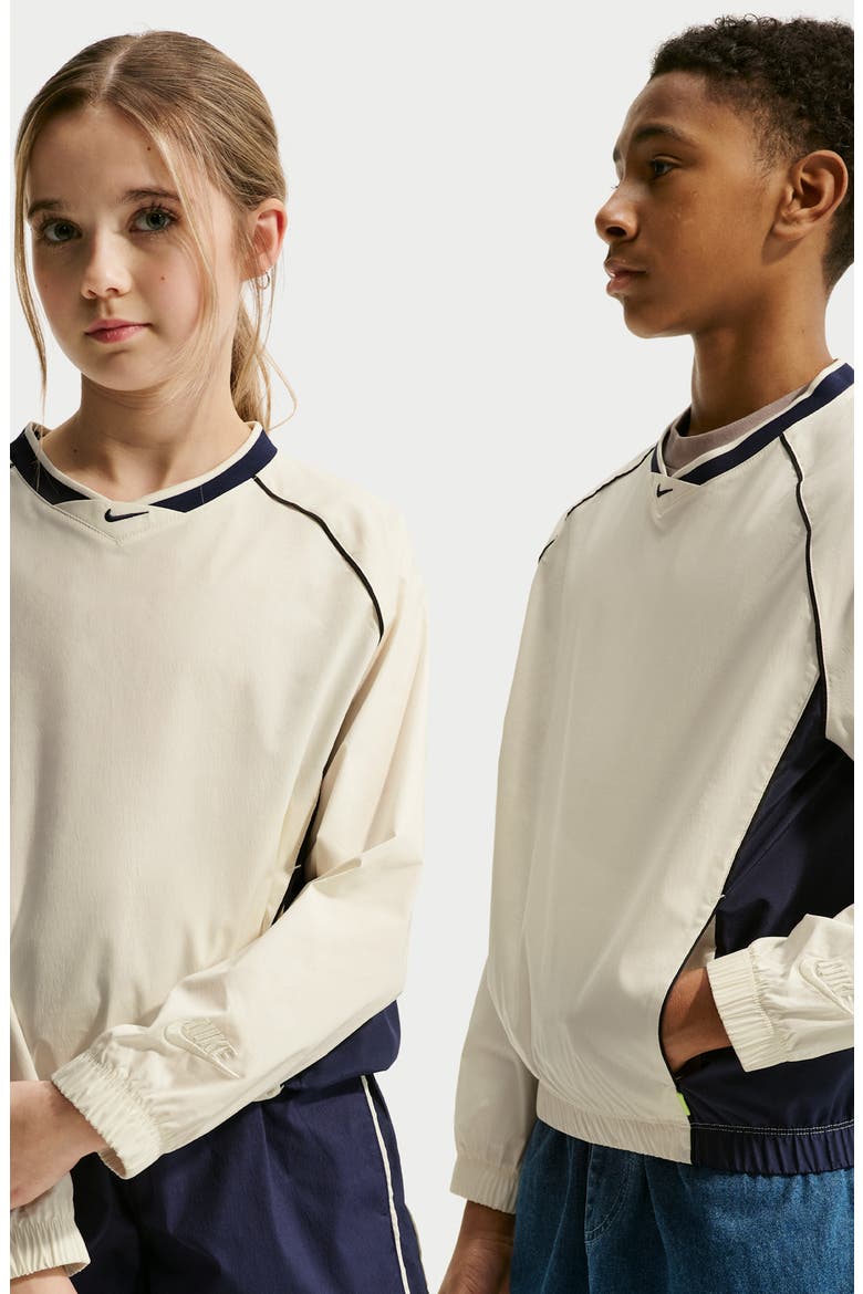 Kids' Woven Long Sleeve V-Neck T-Shirt, Alternate, color, SOFT PEARL/ NAVY/ BLACK
