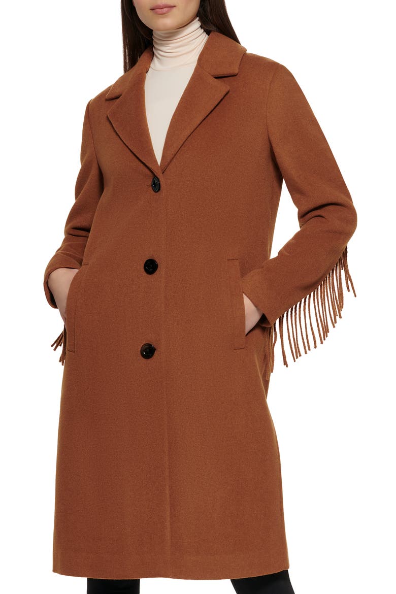 Notched Collar Wool Blend Fringe Coat, Main, color, TOFFEE