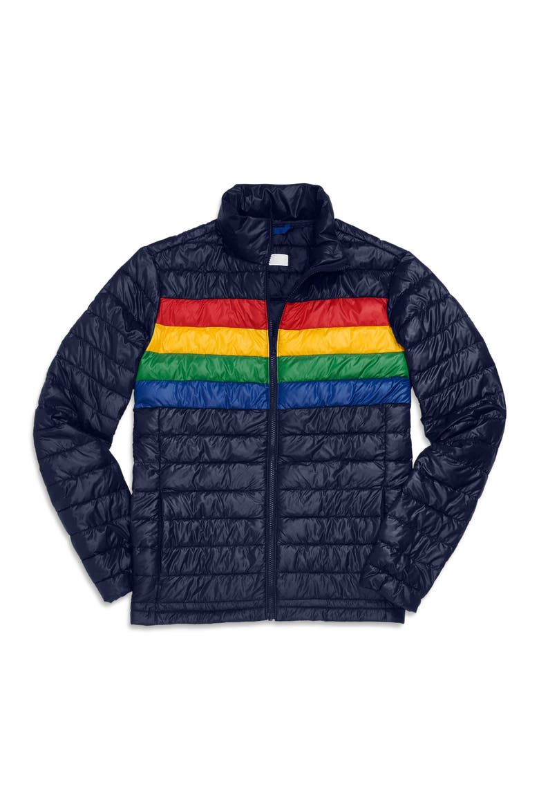 Grown-Ups Puffer Jacket In Stripe, Main, color, Navy Bold Rainbow