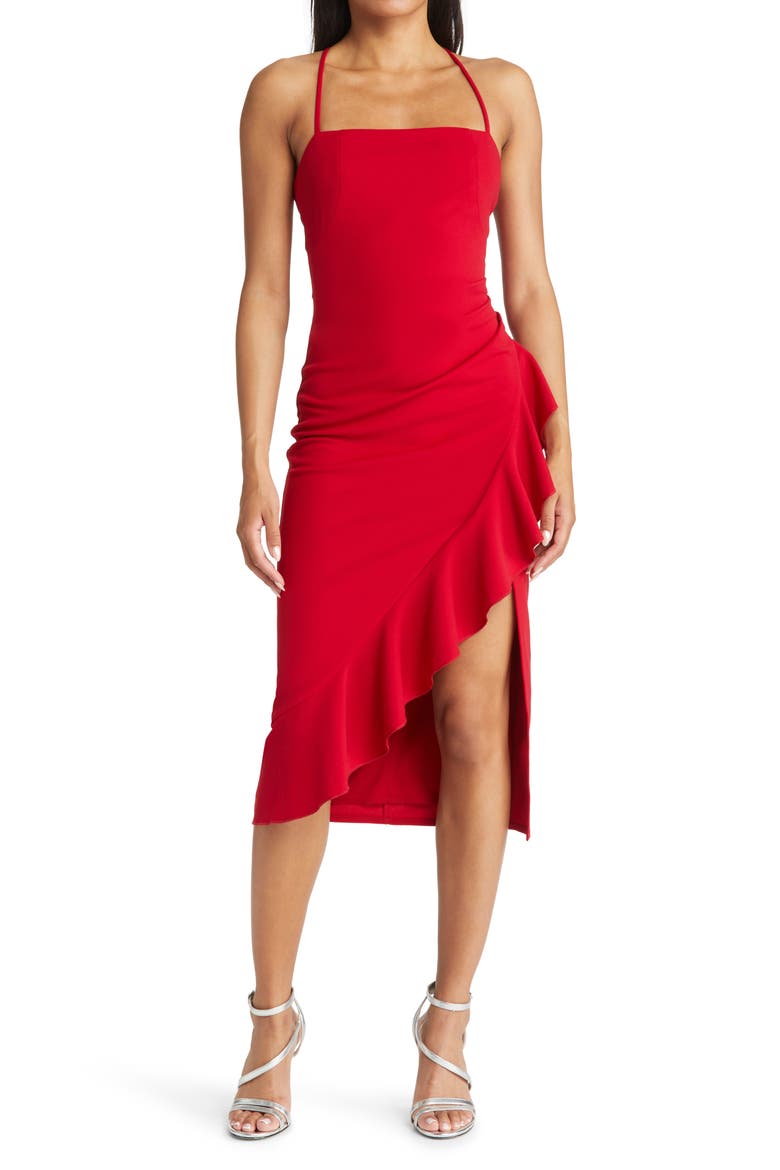 Square Neck Side Ruffle Midi Dress, Main, color, RED