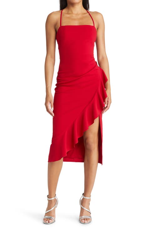 Square Neck Side Ruffle Midi Dress