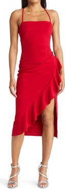 LNL Square Neck Side Ruffle Midi Dress