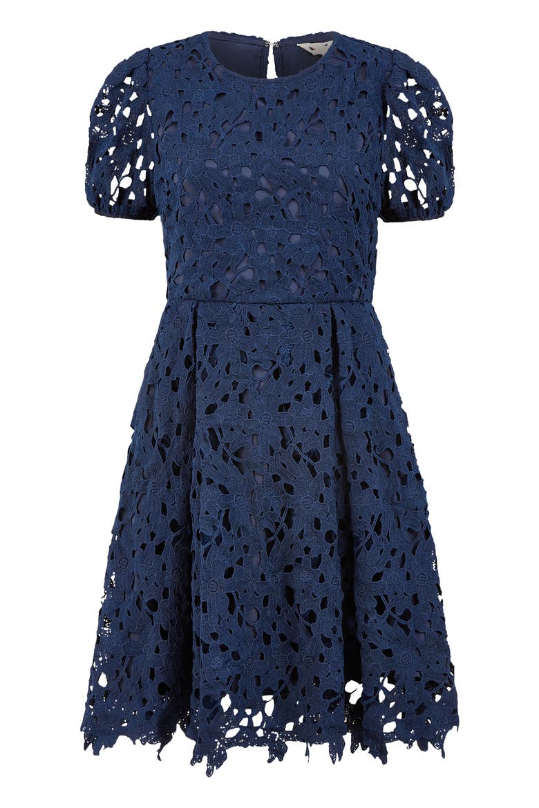Lace Puff Sleeve Skater Dress, Alternate, color, Navy