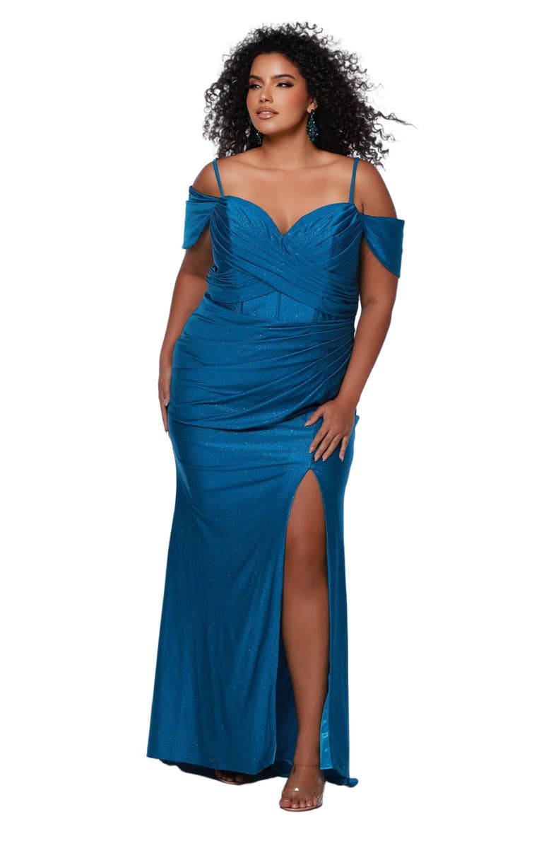 Sydney's Closet Sweetheart Neckline Drape Sleeve Slim Fitted Plus Size Gown, Main, color, Turq