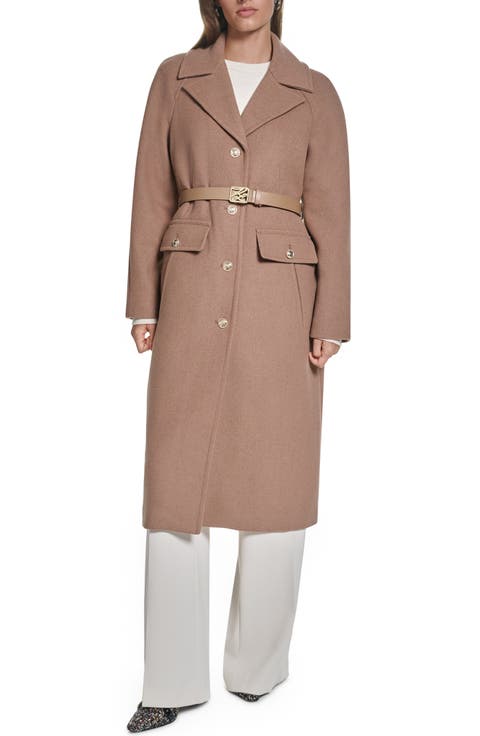Belted Button Front Wool Blend Coat