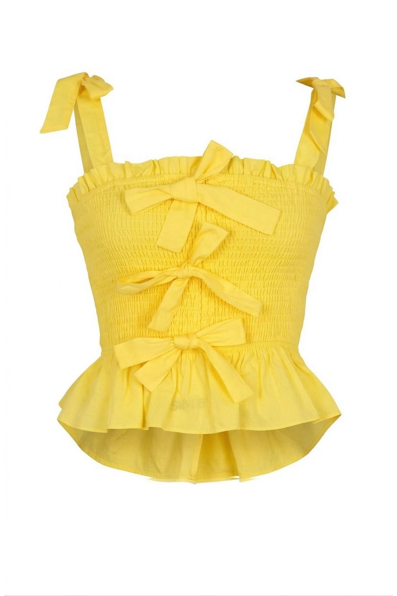 Smocked Peplum Top with Bow Tie Straps and Ruffle Hem, Alternate, color, Yellow