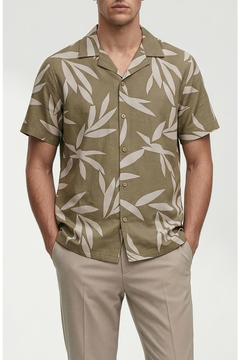 Corey Leaf Print Camp Shirt, Main, color, SAND