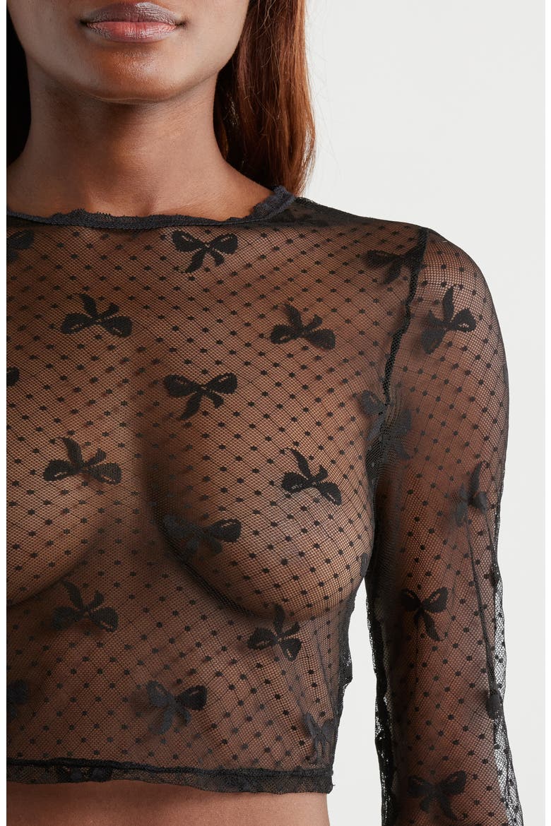 Bow Dotted Mesh Crop Top, Alternate, color, BLACK