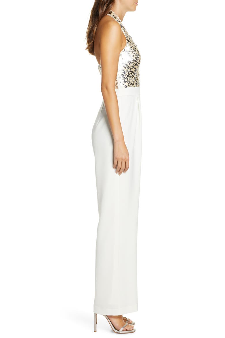 Sequin & Crepe Halter Jumpsuit, Alternate, color, IVORY