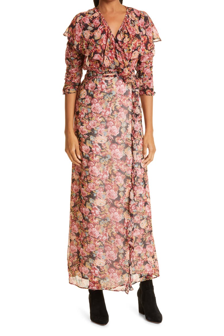 Georgette Three-Quarter Sleeve Wrap Dress, Main, color, NIGHT BOUQUET
