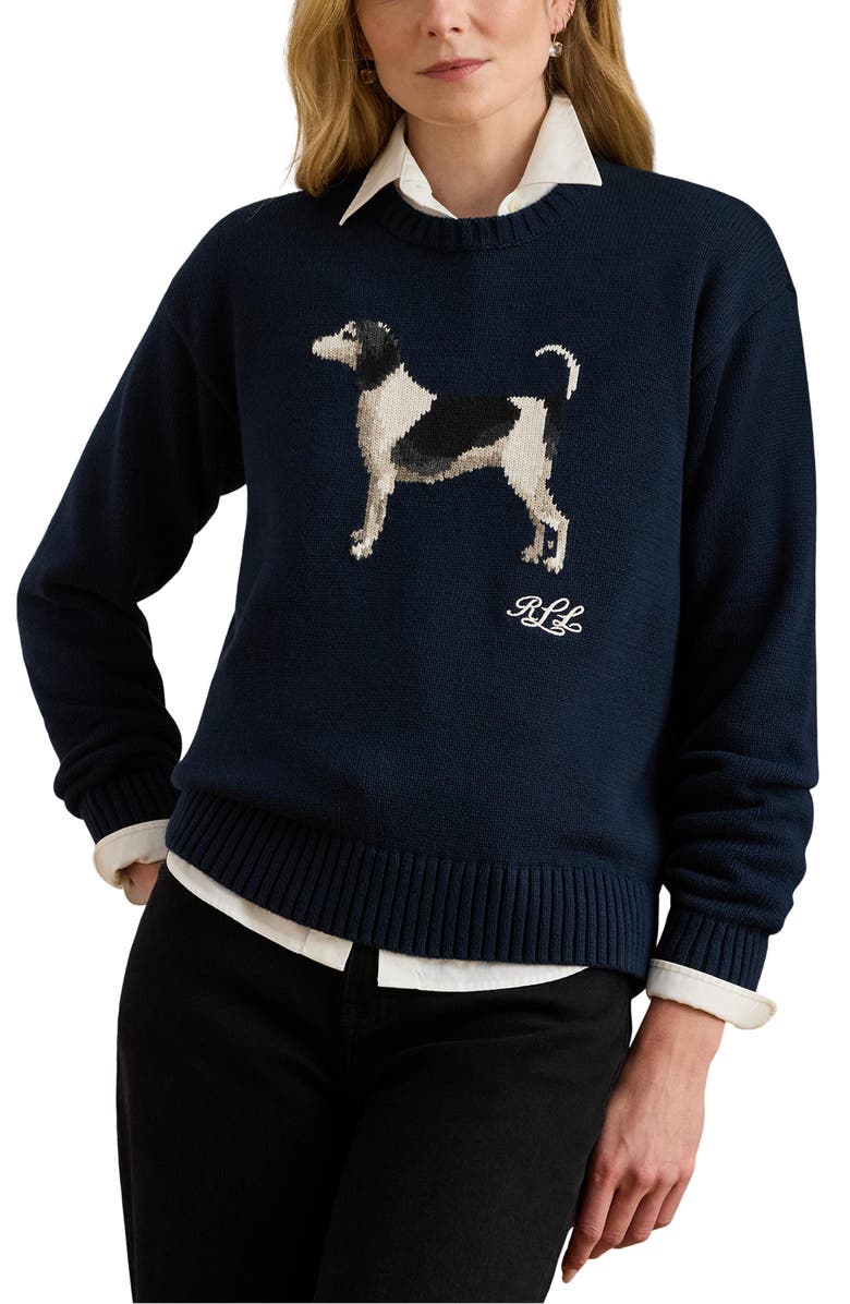 Lauren Ralph Lauren Intarsia Beagle Cotton Sweater, Main, color, Lauren Navy
