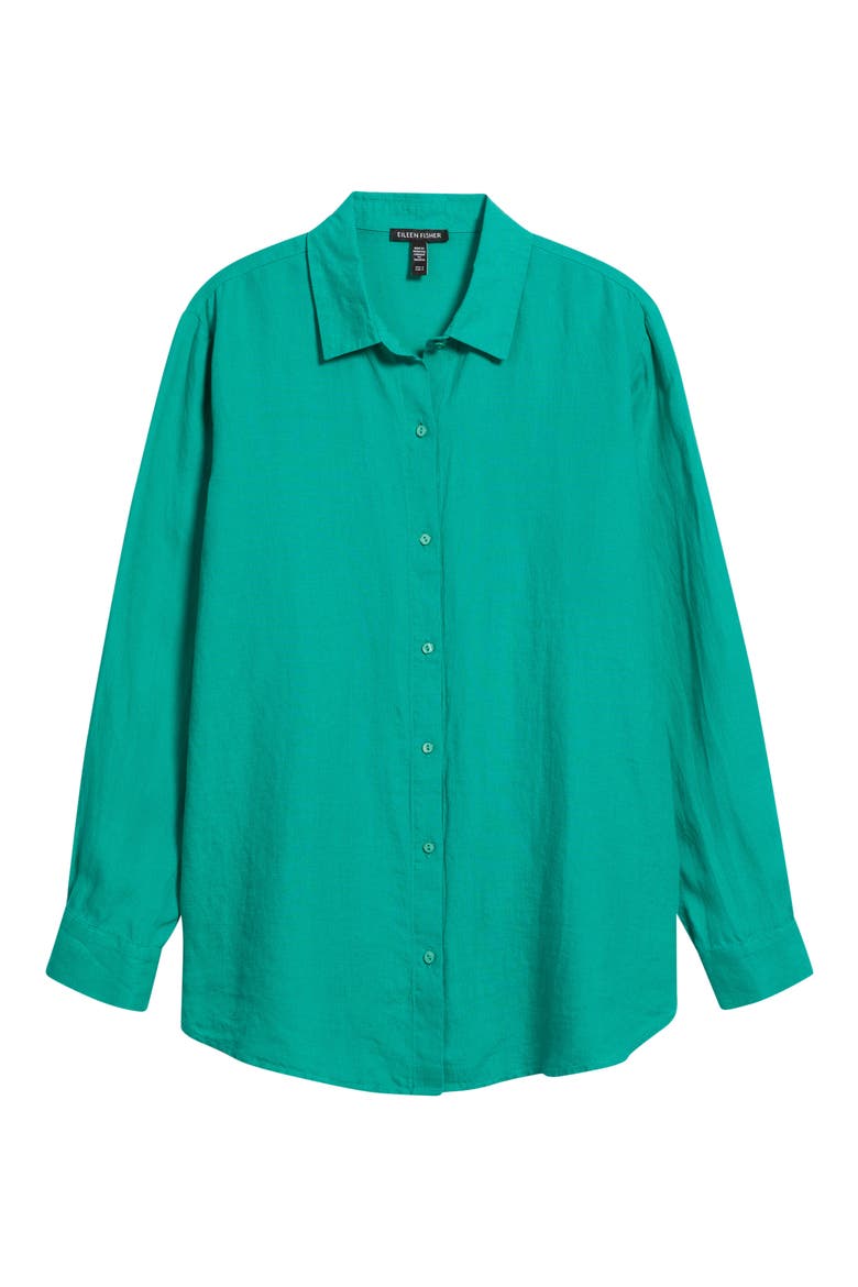 Classic Collar Organic Linen Long Button-Up Shirt, Alternate, color, SEA STAR