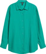 Eileen Fisher Classic Collar Organic Linen Long Button-Up Shirt