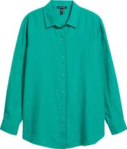 Eileen Fisher Classic Collar Organic Linen Long Button-Up Shirt
