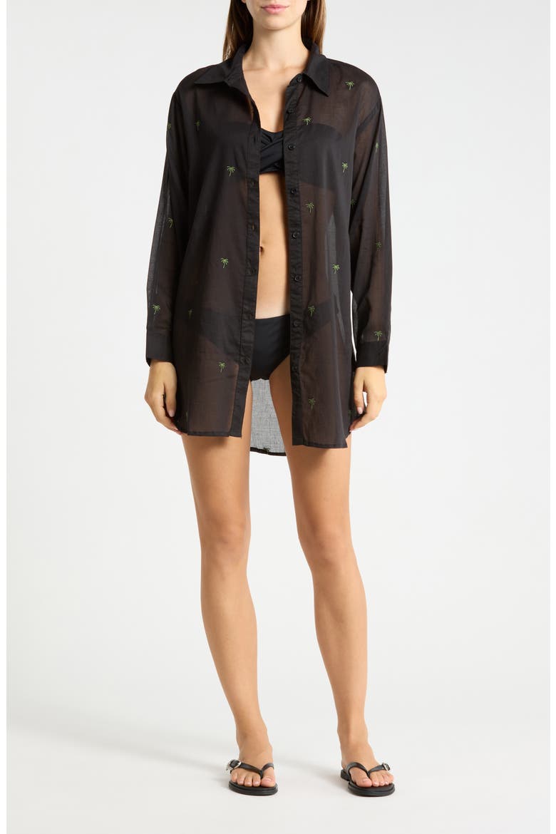 Palm Tree Embroidered Cotton Shirt Cover-Up, Main, color, BLACK