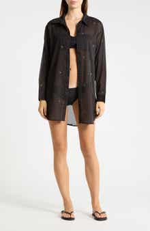 Palm Tree Embroidered Cotton Shirt Cover-Up