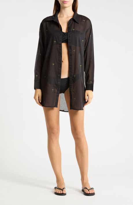 Palm Tree Embroidered Cotton Shirt Cover-Up