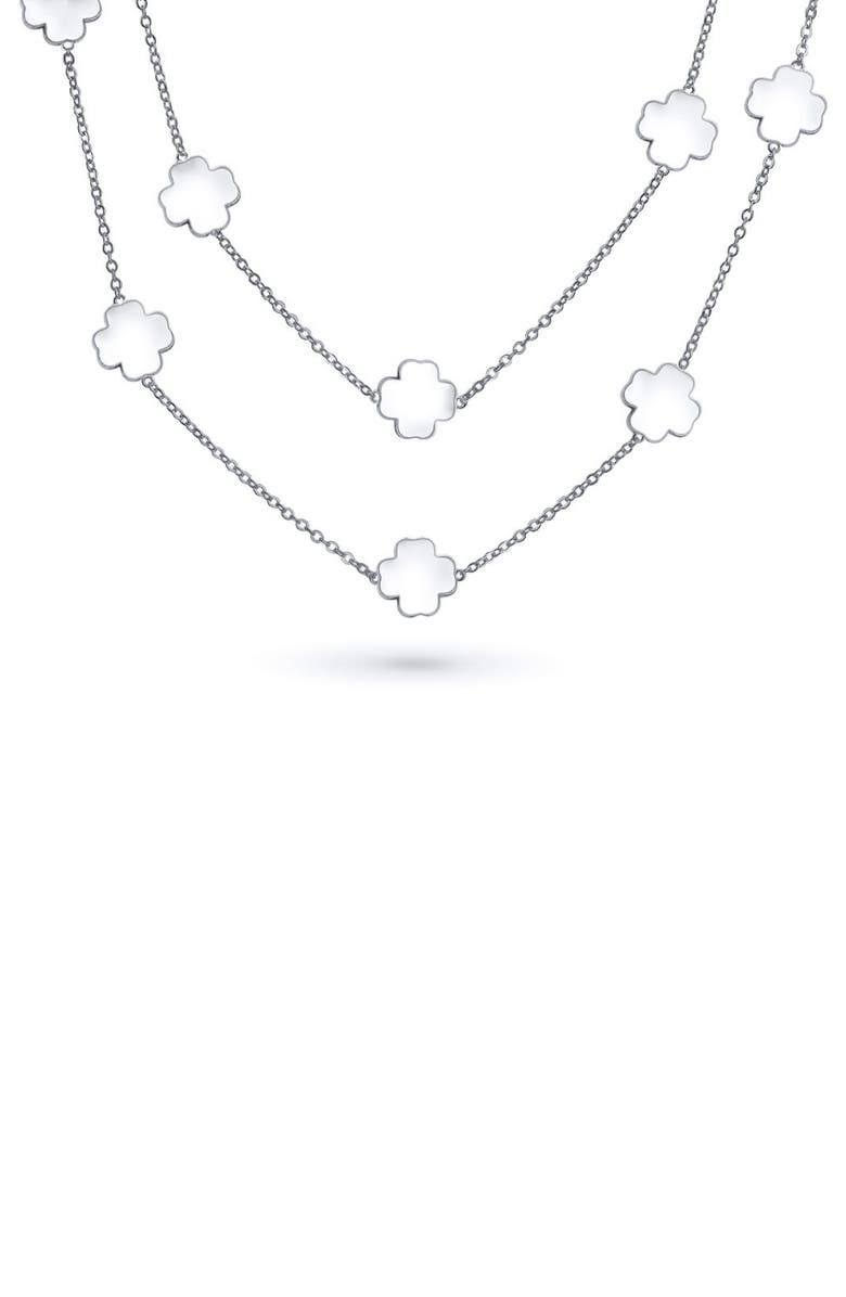 BLING JEWELRY Clover Flower Tin Cup Chain Layered Necklace, Main, color, Silver White