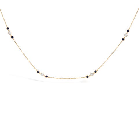 14k Yellow Gold Sapphire And 1/2 Cttw Diamond Station Necklace