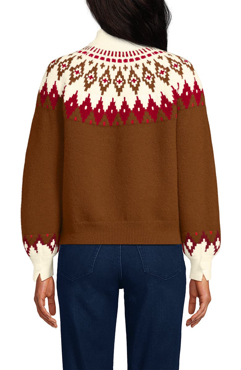 Lands' End Fuzzy Turtleneck Lantern Sleeve Jacquard Sweater, Alternate, color, Rich Ginger Brown Fairisle