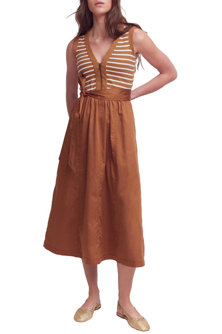 Mira Zip Front Mixed Media Midi Dress, Main, color, GINGER AND IVORY STRIPE
