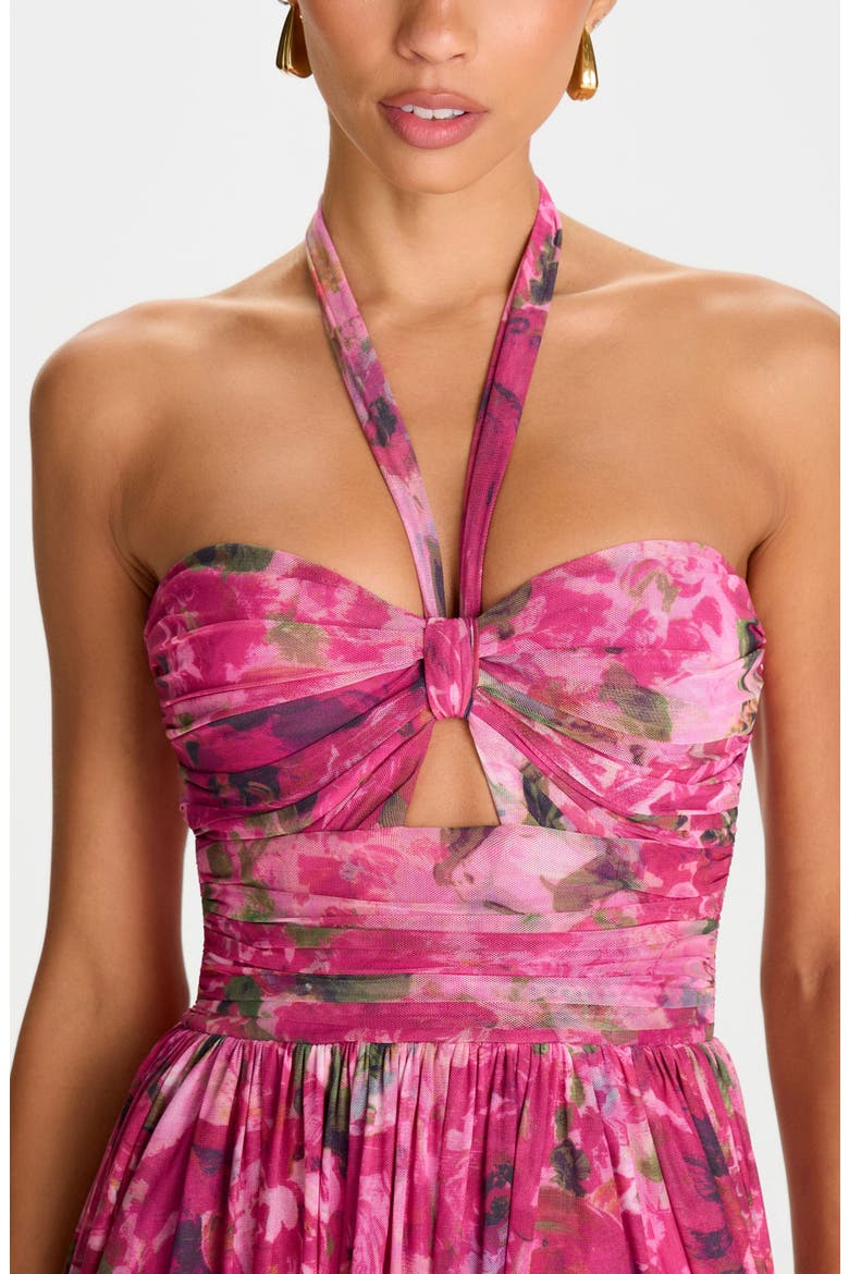 Floral Print Ruched Halter Gown, Alternate, color, PINK