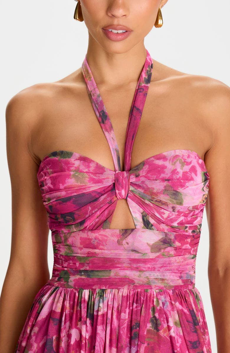 NADINE MERABI Floral Print Ruched Halter Gown, Alternate, color, Pink