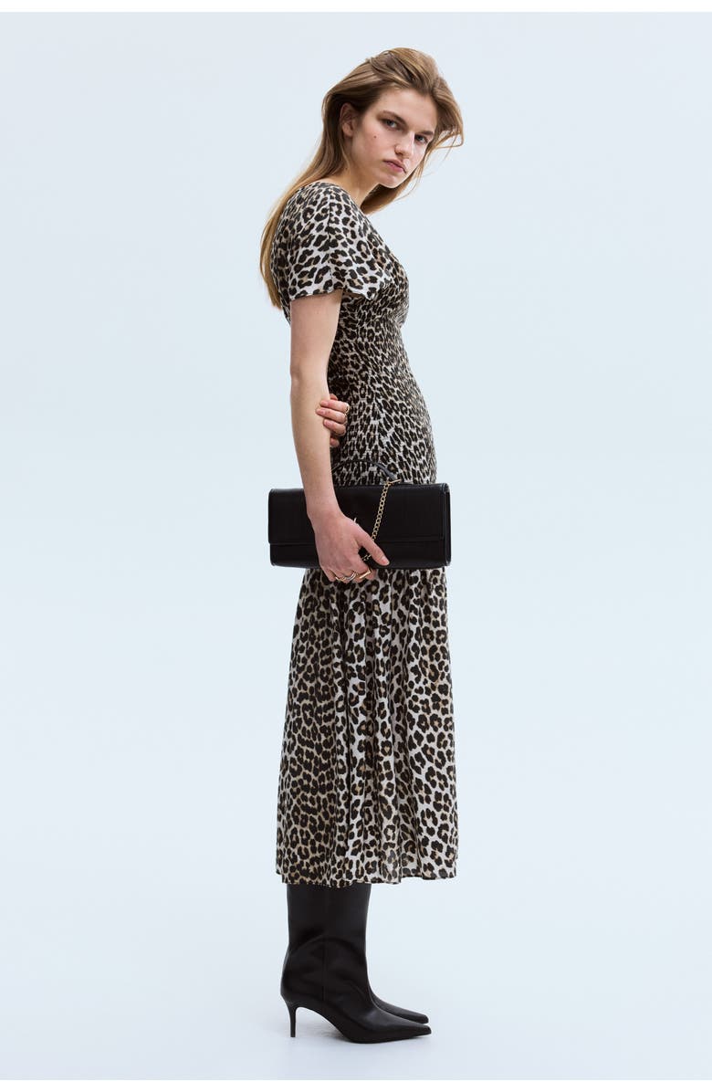 H&M Smocked-detail Dress, Alternate, color, Light Beige/Leopard Print