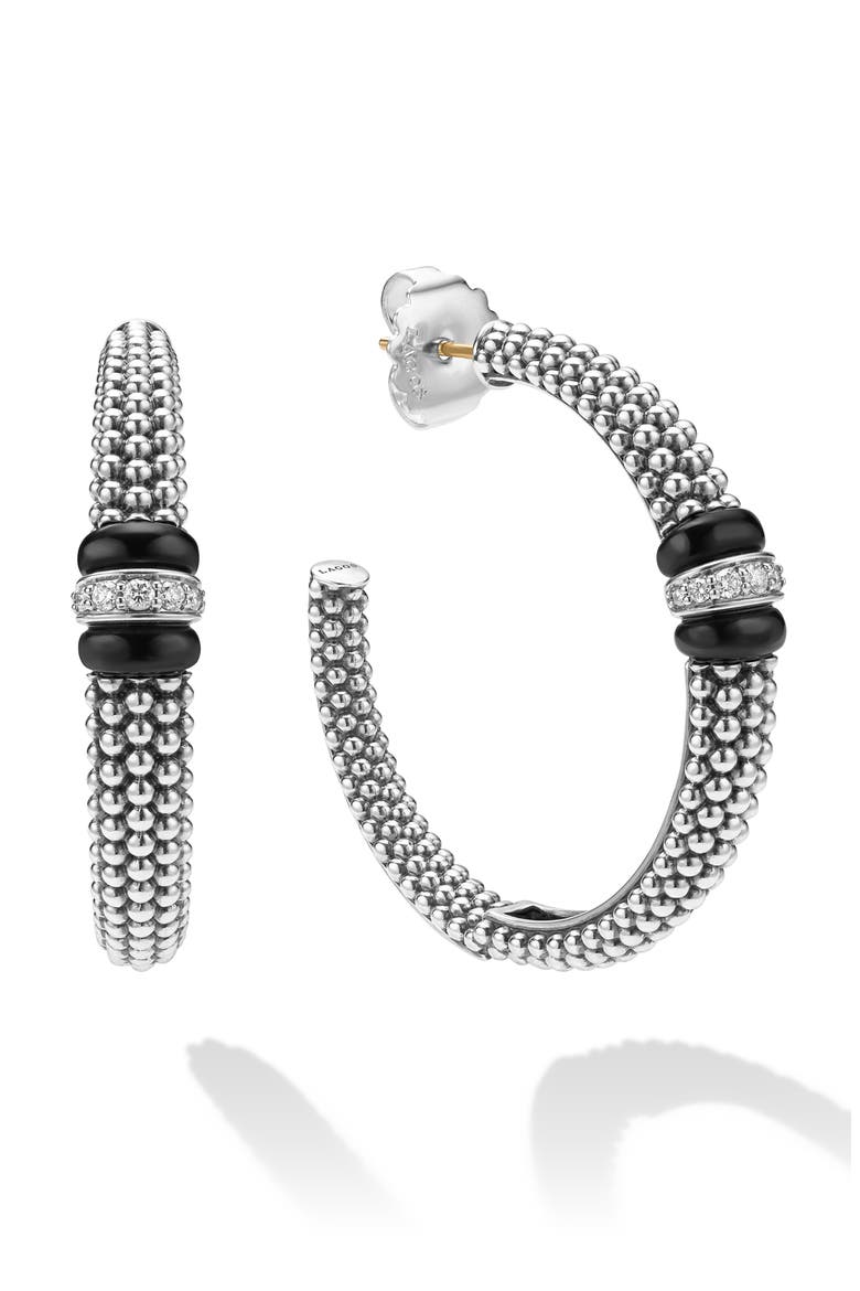 Caviar Ceramic Diamond Hoop Earrings, Alternate, color, STERLING SILVER