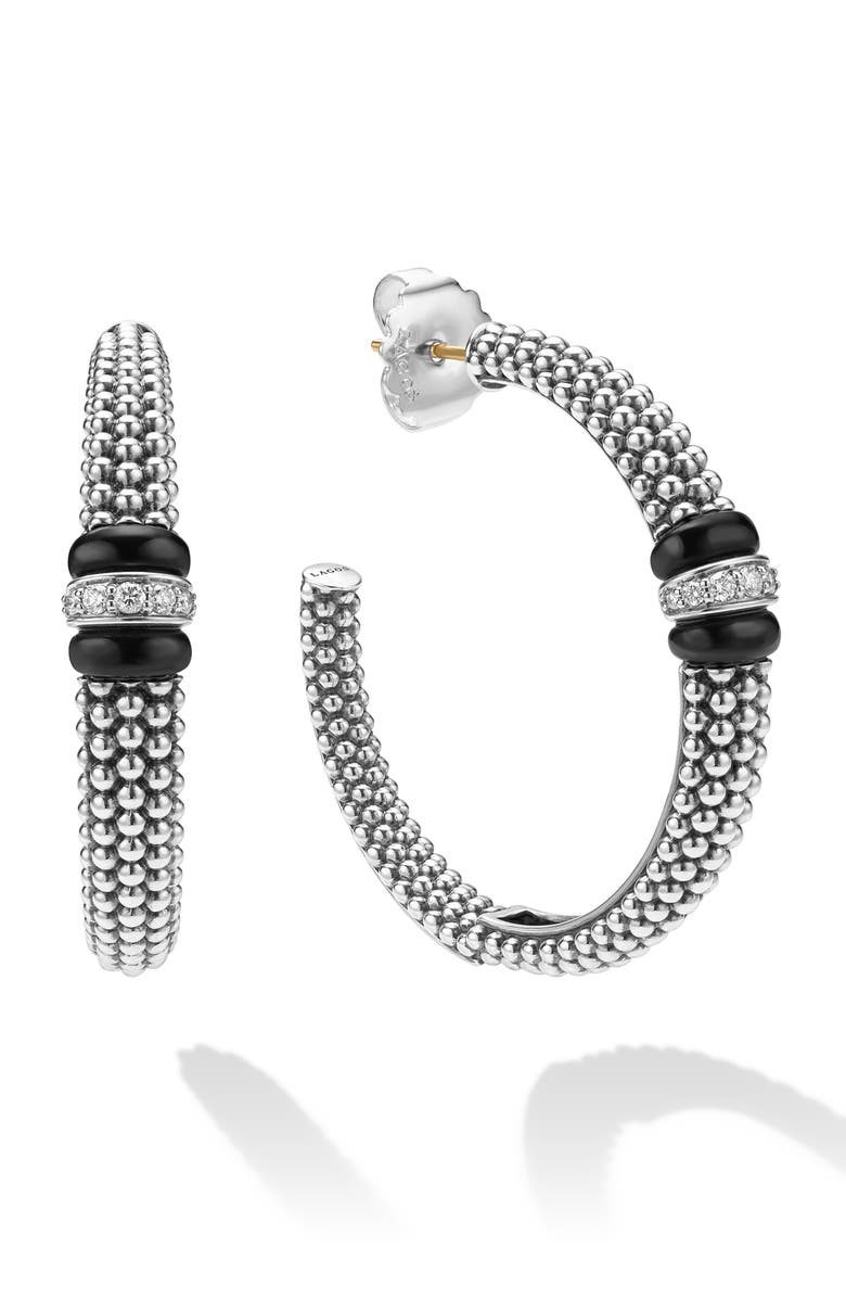 LAGOS Caviar Ceramic Diamond Hoop Earrings, Alternate, color, Sterling Silver
