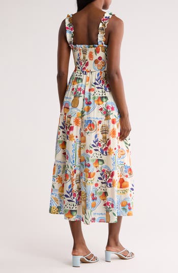 Mixed Print Smocked Tiered Midi Dress