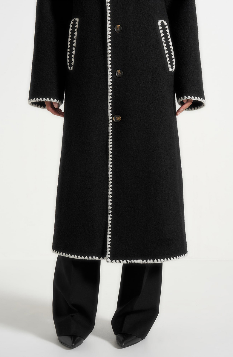 Manière De Voir Elora Wool Blanket Stitch Belted Longline Coat, Main, color, Black
