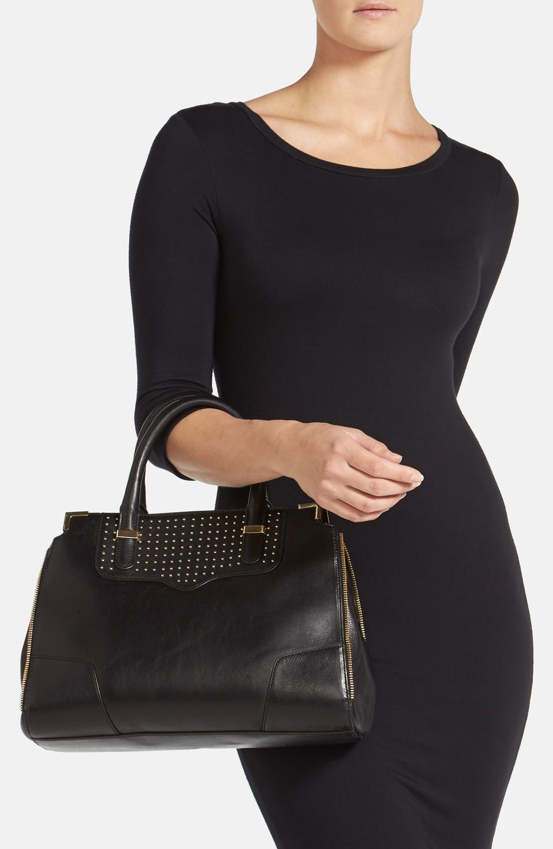 'Amorous' Studded Satchel, Alternate, color, BLACK
