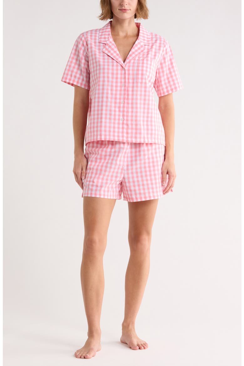 Cotton Short Sleeve Shirt & Shorts Pajamas, Main, color, WHITE- PINK Q ELLA GINGHAM