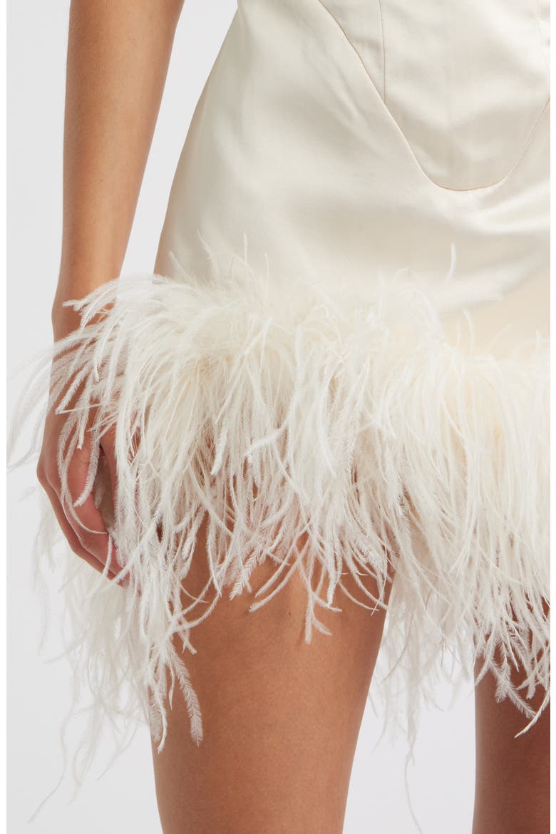 Adrienne Ostrich Feather Hem Strapless Satin Cocktail Minidress, Alternate, color, IVORY