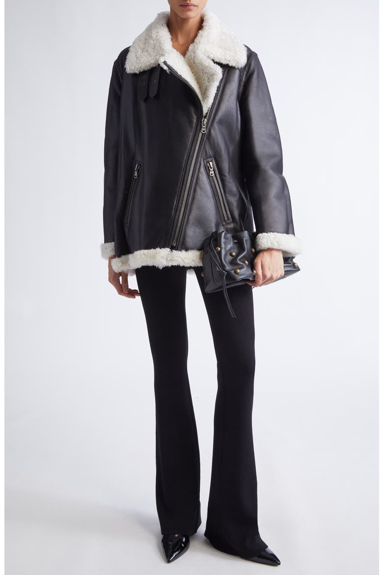 Shaeffer Leather & Genuine Shearling Aviator Jacket, Alternate, color, BLACK